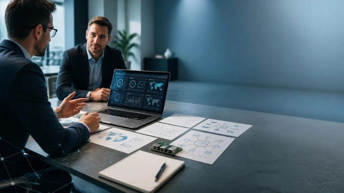 AI Generated Hero audit & conseil IT - scène de réunion avec dashboard d'audit